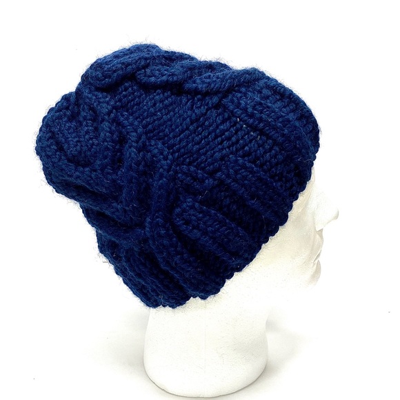 Hand Knit Chunky Beanie with Antler Cable Design in Navy One Size Fits Most - Picture 5 of 7
